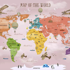 Colorful World Map Airplane and Hot Air Balloon Removable Wallpaper