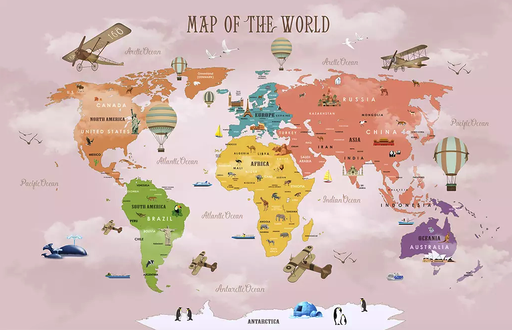 Colorful World Map Airplane and Hot Air Balloon Removable Wallpaper 5 Colorful World Map Airplane and Hot Air Balloon Removable Wallpaper