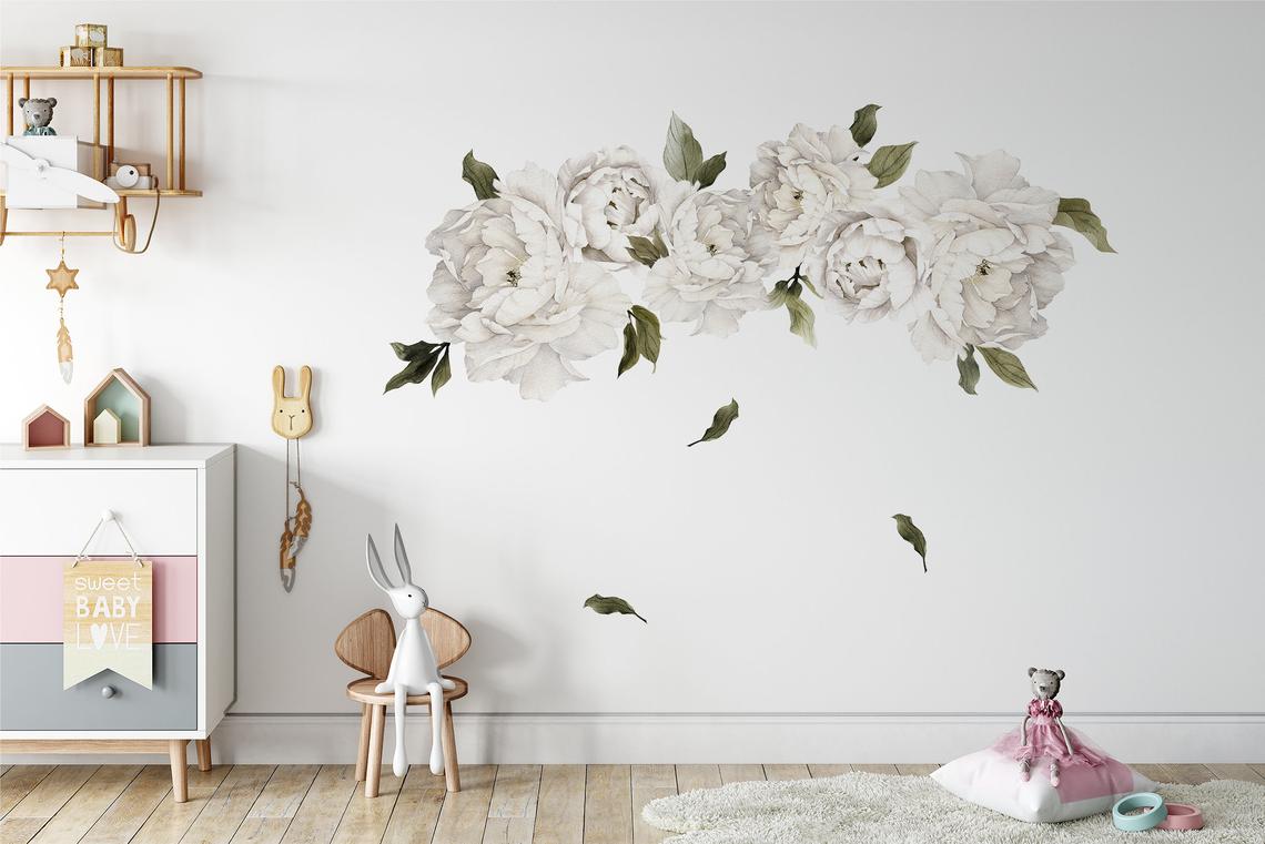 White Peony Flowers Removable Floral Wall Decal Set 4 White Peony Flowers Removable Floral Wall Decal Set