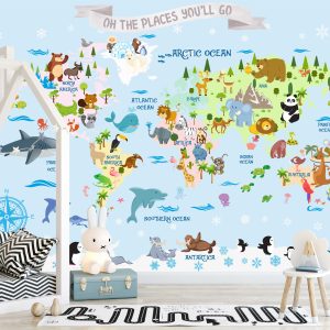 Animals On The World Map Blue Background Colorful Removable Wallpaper
