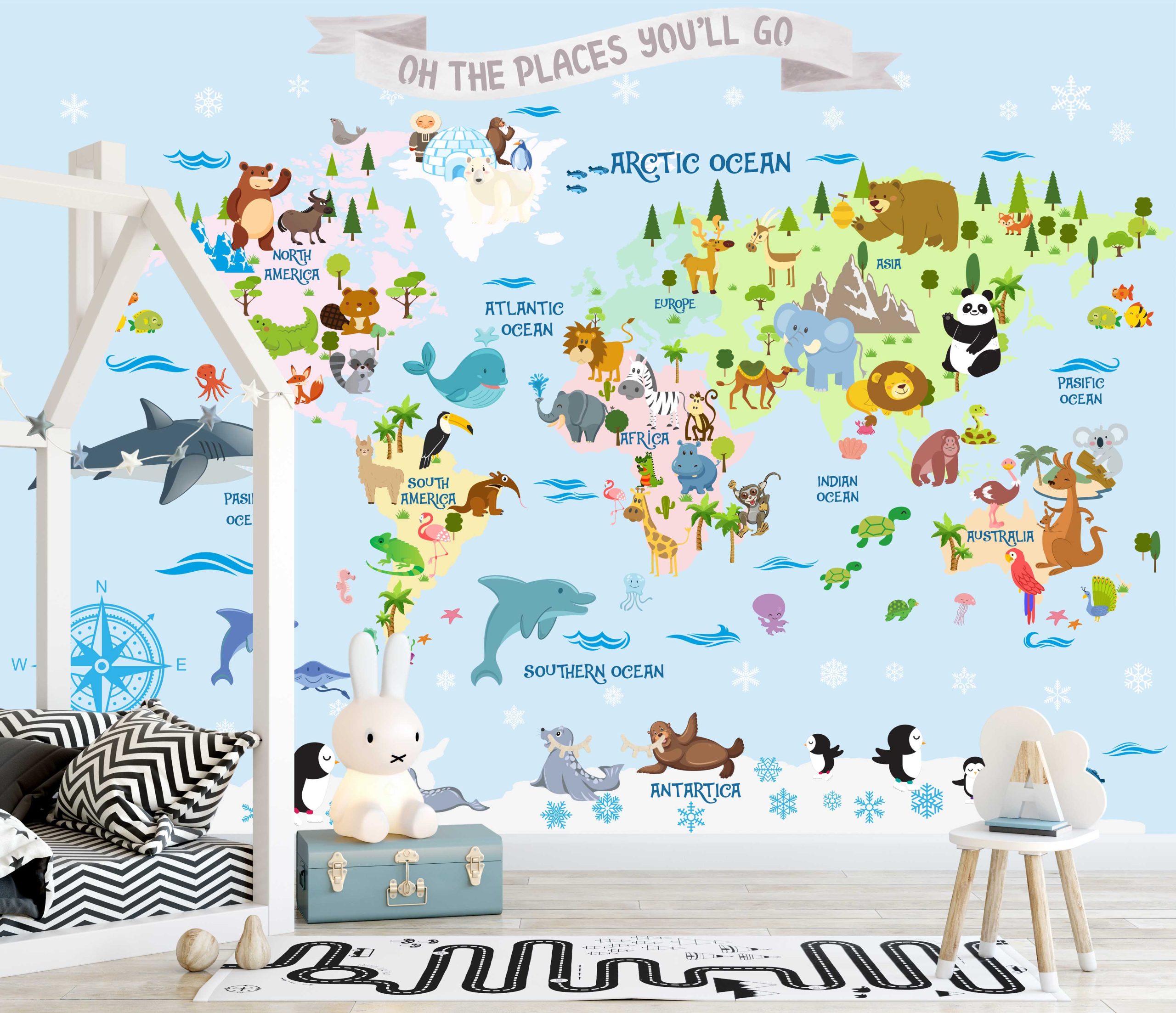 Animals On The World Map Blue Background Colorful Removable Wallpaper 1 Animals On The World Map Blue Background Colorful Removable Wallpaper