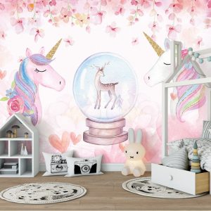 Unicorn Pink Heart Floral Removable Wallpaper