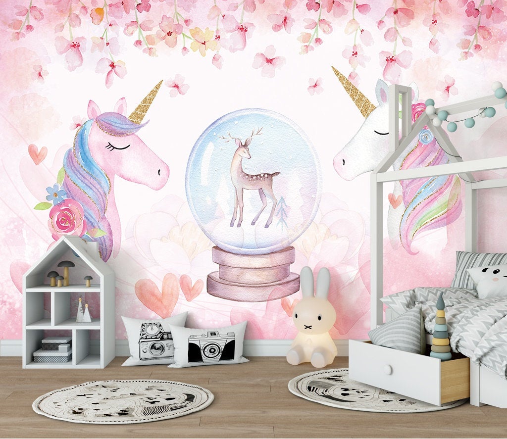 Unicorn Pink Heart Floral Removable Wallpaper 3 Unicorn Pink Heart Floral Removable Wallpaper