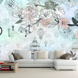 Flowers Keys Cages Birds Wallpaper