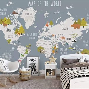 World Map and Animal Kids Textile Wallpaper