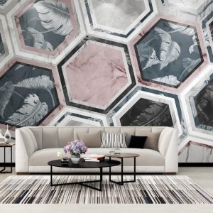 Hexagon Geometric Shapes Feather and Marble Background Removable Wallpaper