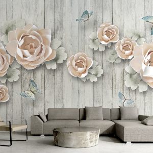 3D Cream Flowers Turquoise Butterflies REMOVABLE Wallpaper