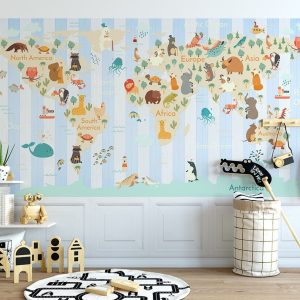 Colorful World Map Animals with Stripe Pattern Removable Wallpaper