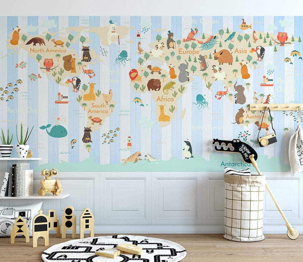 Colorful World Map Animals with Stripe Pattern Removable Wallpaper 2 Colorful World Map Animals with Stripe Pattern Removable Wallpaper