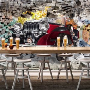3D Vintage Classic Car Graffiti Brick Wallpaper