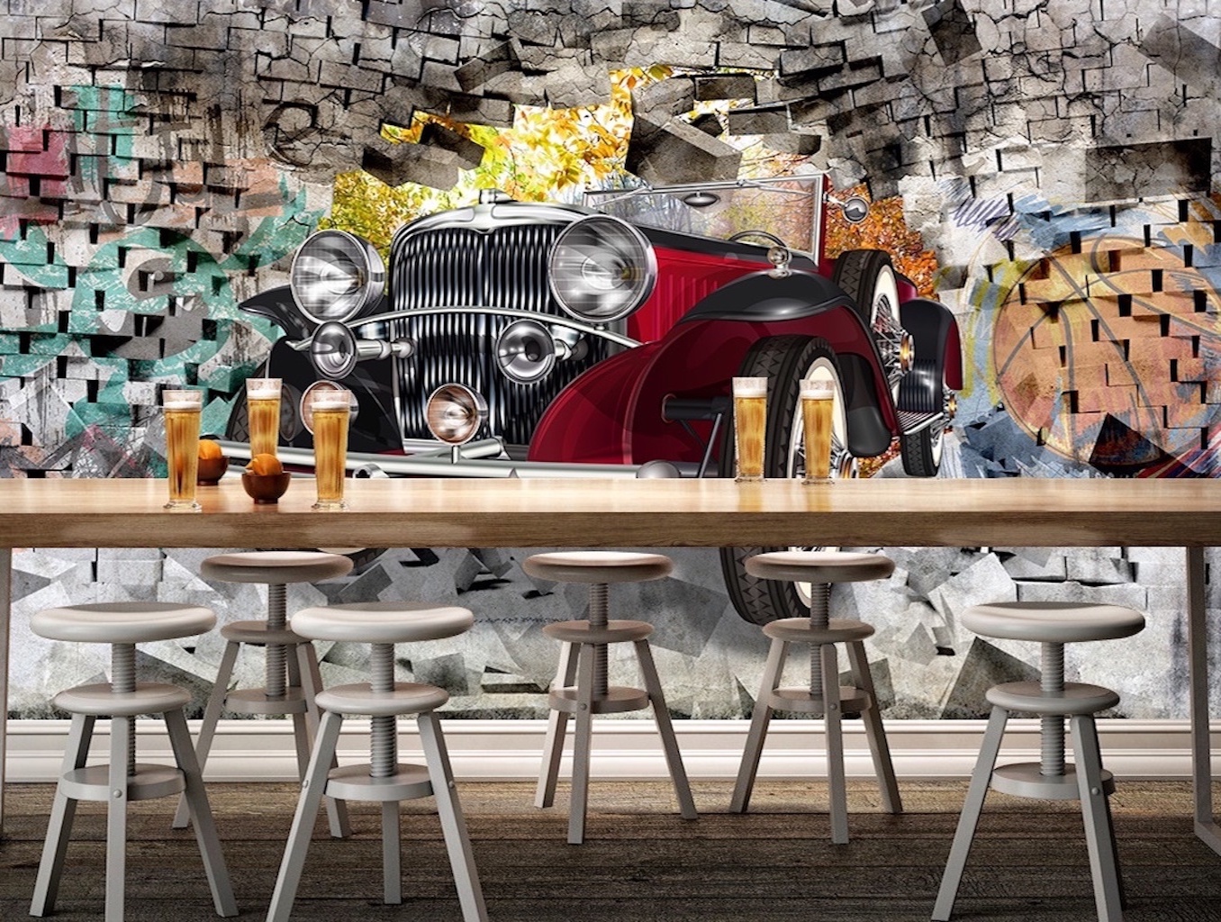 3D Vintage Classic Car Graffiti Brick Wallpaper 1 3D Vintage Classic Car Graffiti Brick Wallpaper