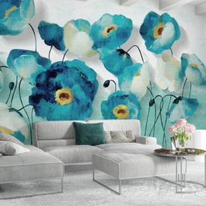 Watercolor Turquoise Long Stem Garden Flowers Plants Removable Wallpaper