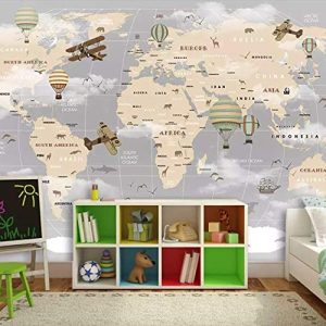 Vintage World Map Hot Air Balloon Wallpaper