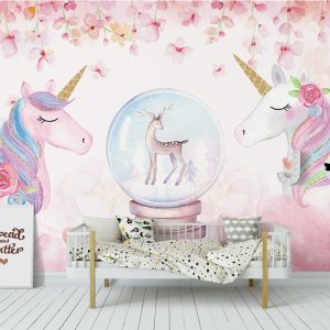 Unicorn Pink Heart Floral Removable Wallpaper