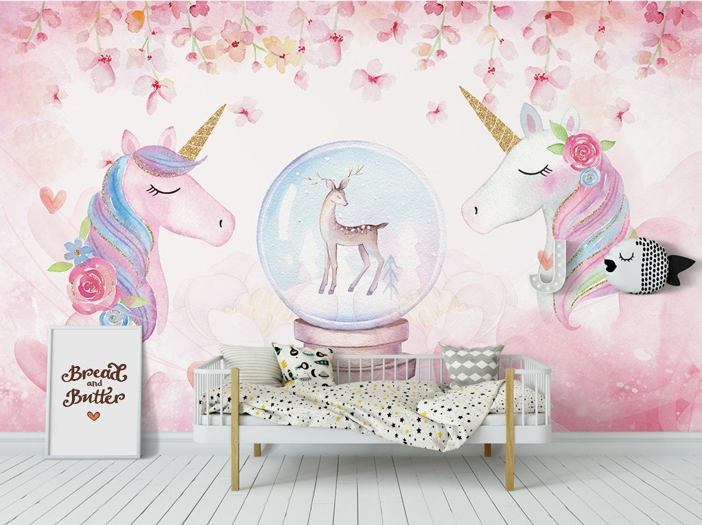 Unicorn Pink Heart Floral Removable Wallpaper 1 Unicorn Pink Heart Floral Removable Wallpaper