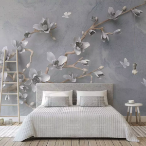 3D Floral Magnolia Blossom Gray Flower Scandinavian Wallpaper