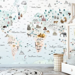 Soft World Map Little Animals and Famous Landmarks Wallpaper