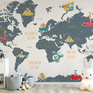 World Map and Cartoon Animals Textile Wall Paper
