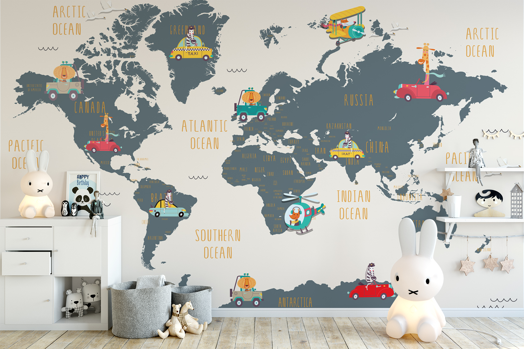 World Map and Cartoon Animals Textile Wall Paper 7 World Map and Cartoon Animals Textile Wall Paper