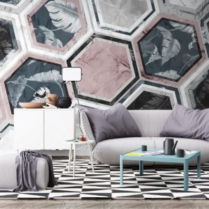 Hexagon Geometric Shapes Feather and Marble Background Removable Wallpaper