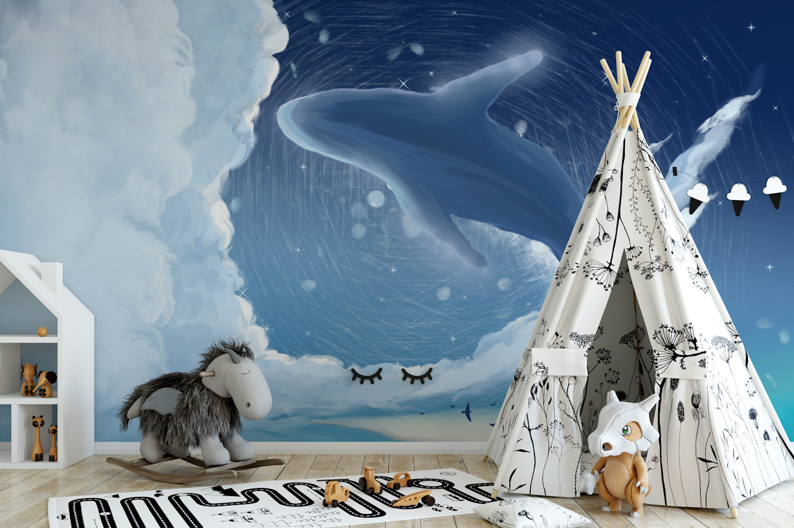 Blue Whale Cartoon Nightscape Removable Wallpaper 2 Blue Whale Cartoon Nightscape Removable Wallpaper