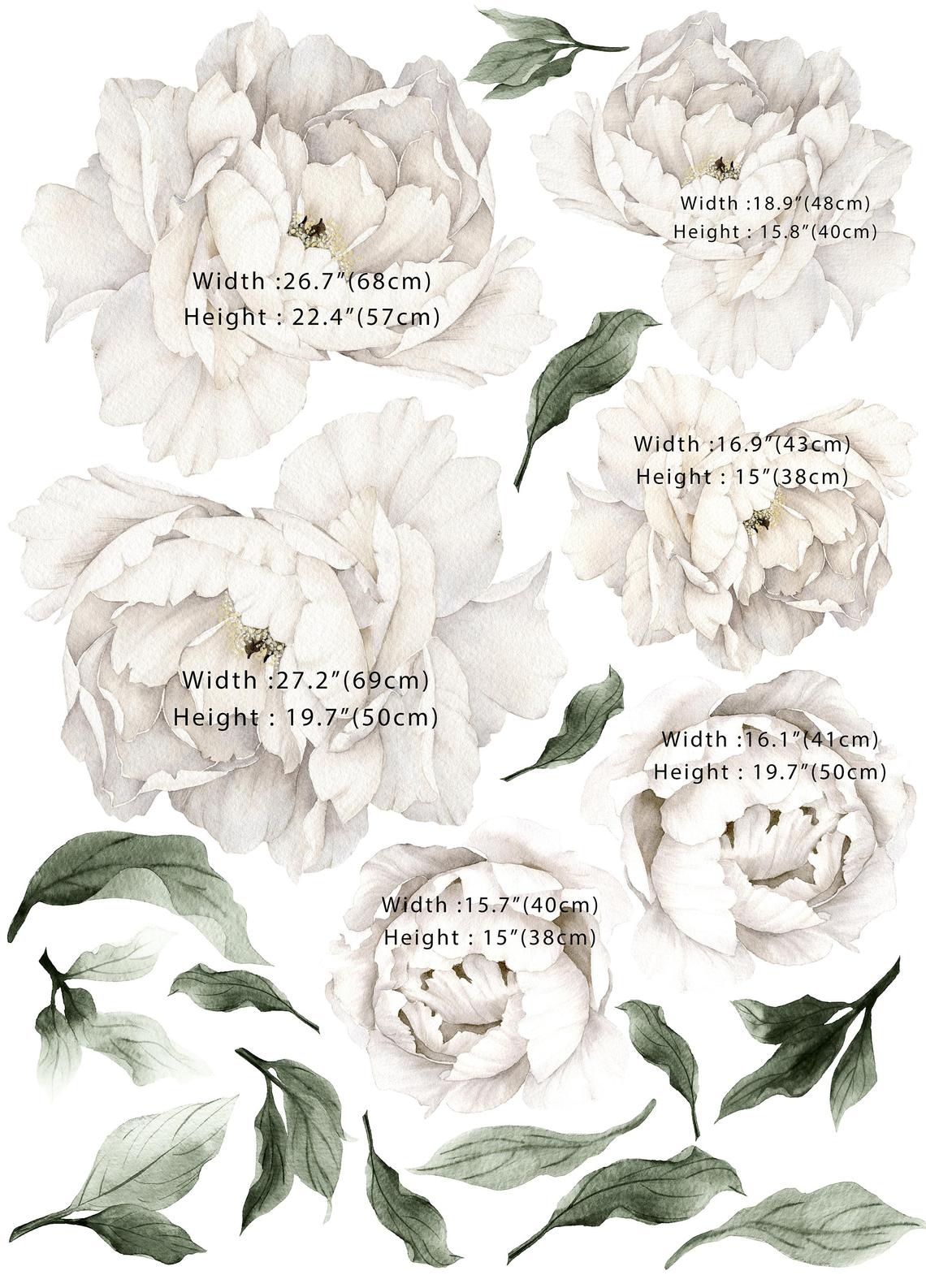White Peony Flowers Removable Floral Wall Decal Set 5 White Peony Flowers Removable Floral Wall Decal Set