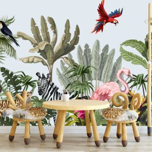 Tropical Jungle Playing Wild Animals Removable Wallpaper