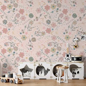 Flowers Pink and Blue Floral Pattern Removable Wallpaper
