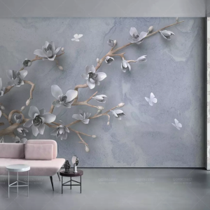 3D Floral Magnolia Blossom Gray Flower Scandinavian Wallpaper