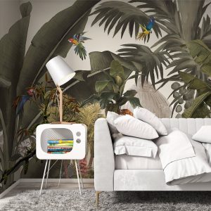 Tropical Jungle Plants and Leaves Parrots Floral Removable Wallpaper