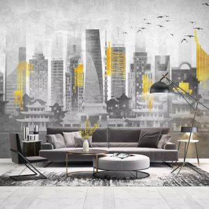 Yellow City Light Monochrome Cityscape Removable Wallpaper