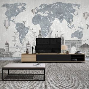 Monochrome City Symbols Maps Hot Air Balloons Removable Wallpaper