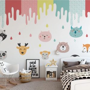 Colorful Cute Animal Faces and Watercolor  Removable Wallpaper