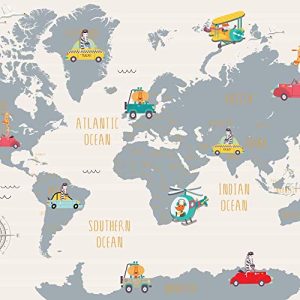 World Map and Cartoon Animals Textile Wall Paper