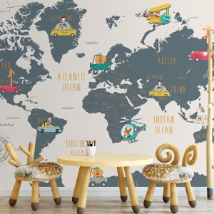 World Map and Cartoon Animals Textile Wall Paper