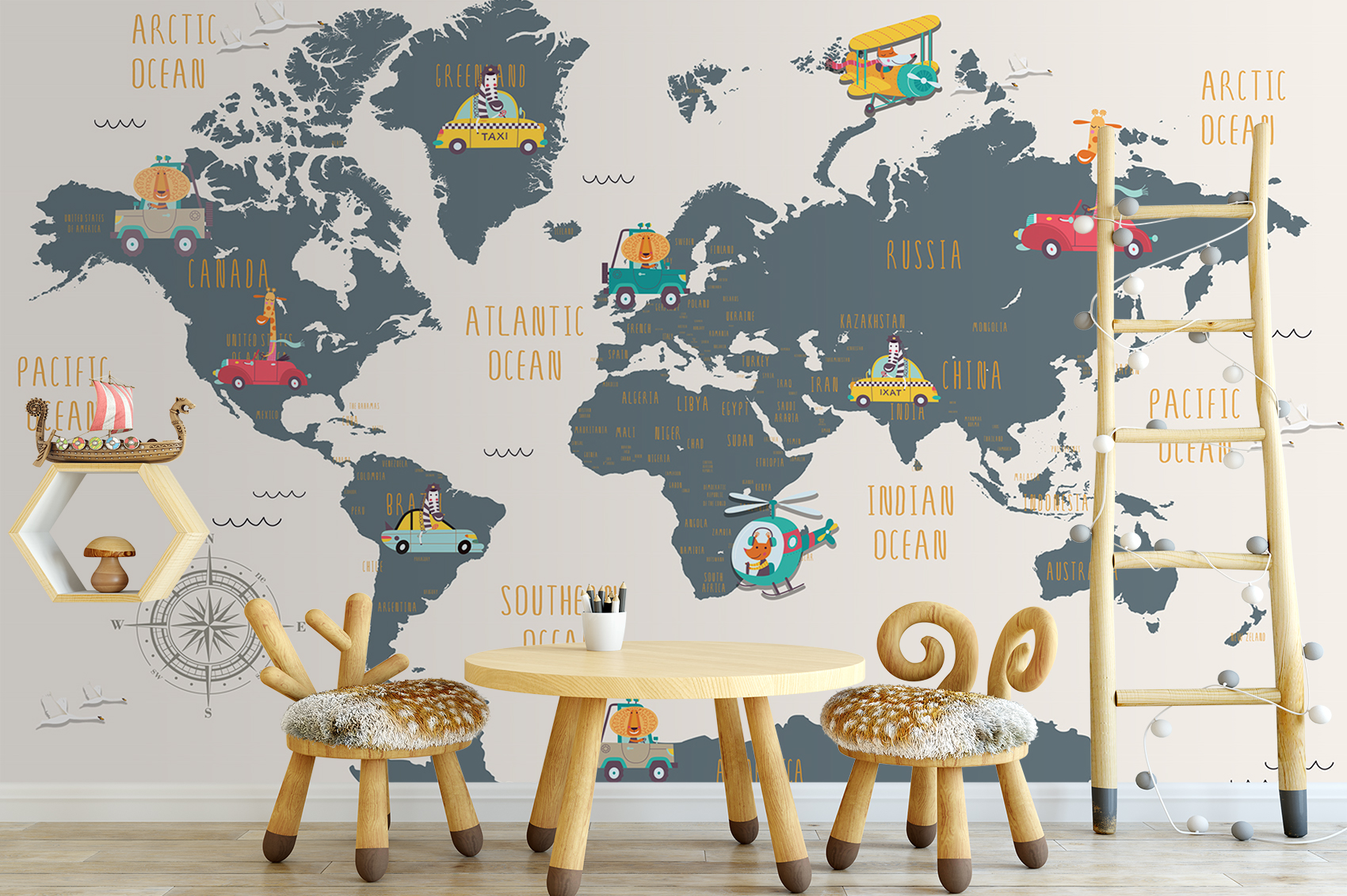 World Map and Cartoon Animals Textile Wall Paper 5 World Map and Cartoon Animals Textile Wall Paper