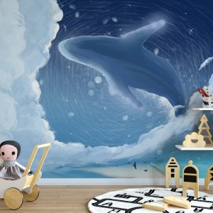 Blue Whale Cartoon Nightscape Removable Wallpaper