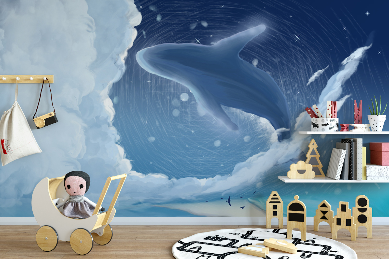 Blue Whale Cartoon Nightscape Removable Wallpaper 1 Blue Whale Cartoon Nightscape Removable Wallpaper