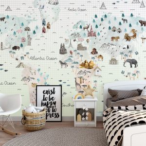 Soft World Map Little Animals and Famous Landmarks Wallpaper