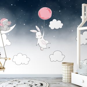 Cartoon Nightscape Rabbit and Elephant Nursery Removable Wallpaper