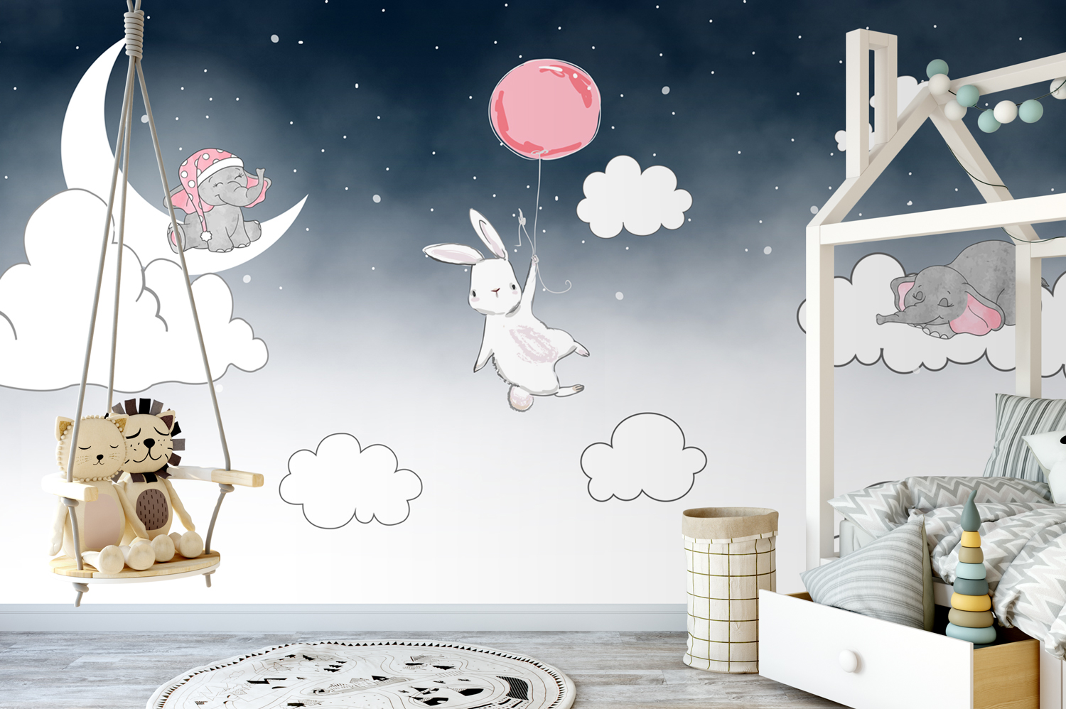 Cartoon Nightscape Rabbit and Elephant Nursery Removable Wallpaper 1 Cartoon Nightscape Rabbit and Elephant Nursery Removable Wallpaper
