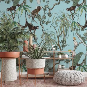 Monkeys and Parrots in Exotic Plants Removable Wallpaper