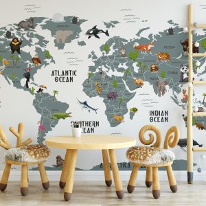 Kids World Map Wildlife Animals White Ocean Background Wallpaper