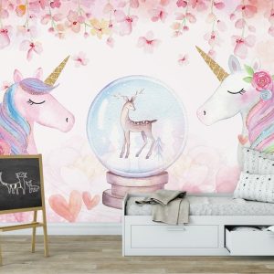 Unicorn Pink Heart Floral Removable Wallpaper