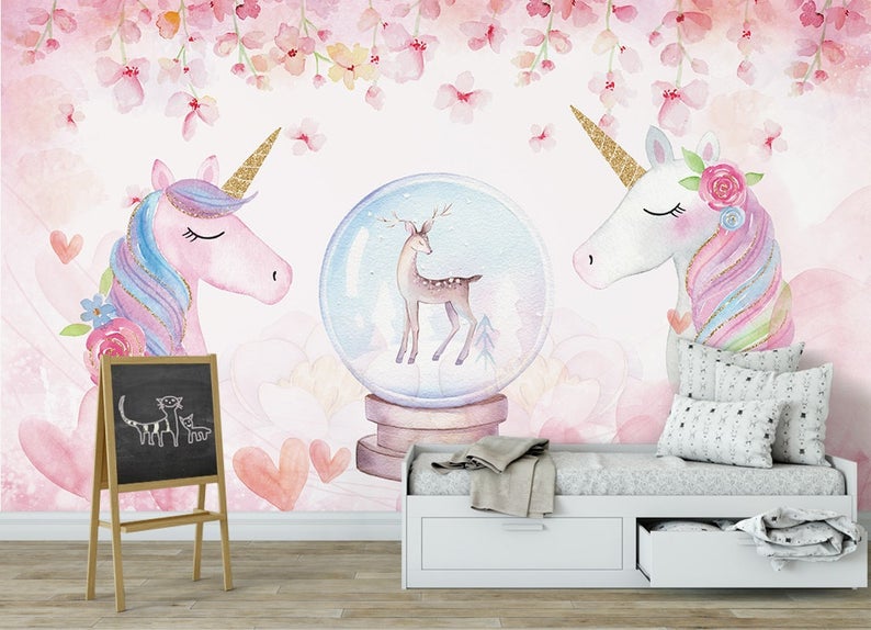Unicorn Pink Heart Floral Removable Wallpaper 2 Unicorn Pink Heart Floral Removable Wallpaper