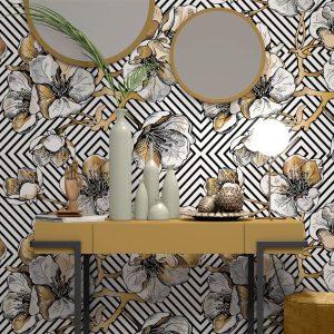 Futuristic White and Gold Flowers Geometric Removable Wallpaper