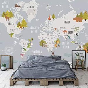 World Map and Animal Kids Textile Wallpaper