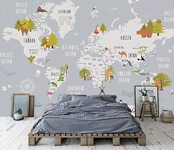 World Map and Animal Kids Textile Wallpaper 1 World Map and Animal Kids Textile Wallpaper