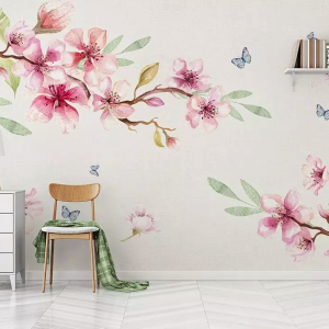 Cherry Blossom Watercolor Floral Asiatic Removable Wallpaper