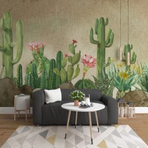 Pink Flowers Floral Background Green Desert Cactuses Plants Removable Wallpaper